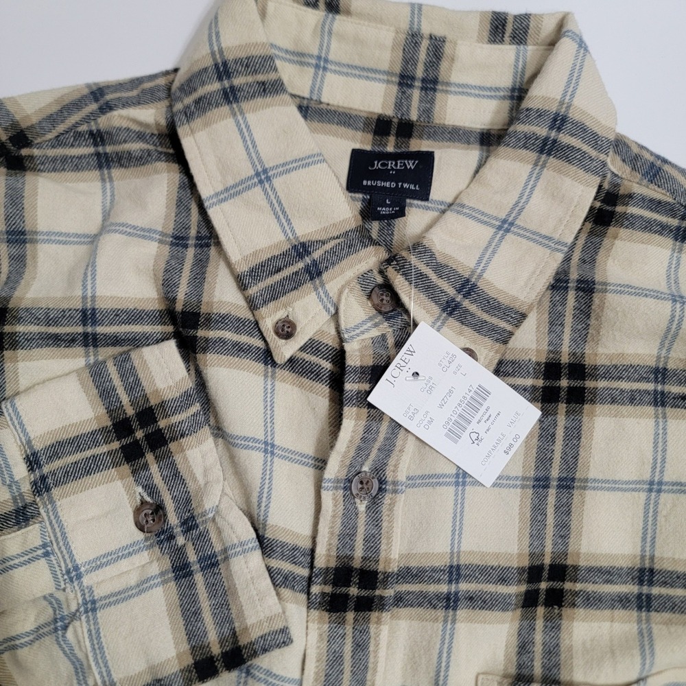 NEW J.Crew Brushed Twill Shirt Mens LG Cream Plaid Cotton Button Down L/S Fall